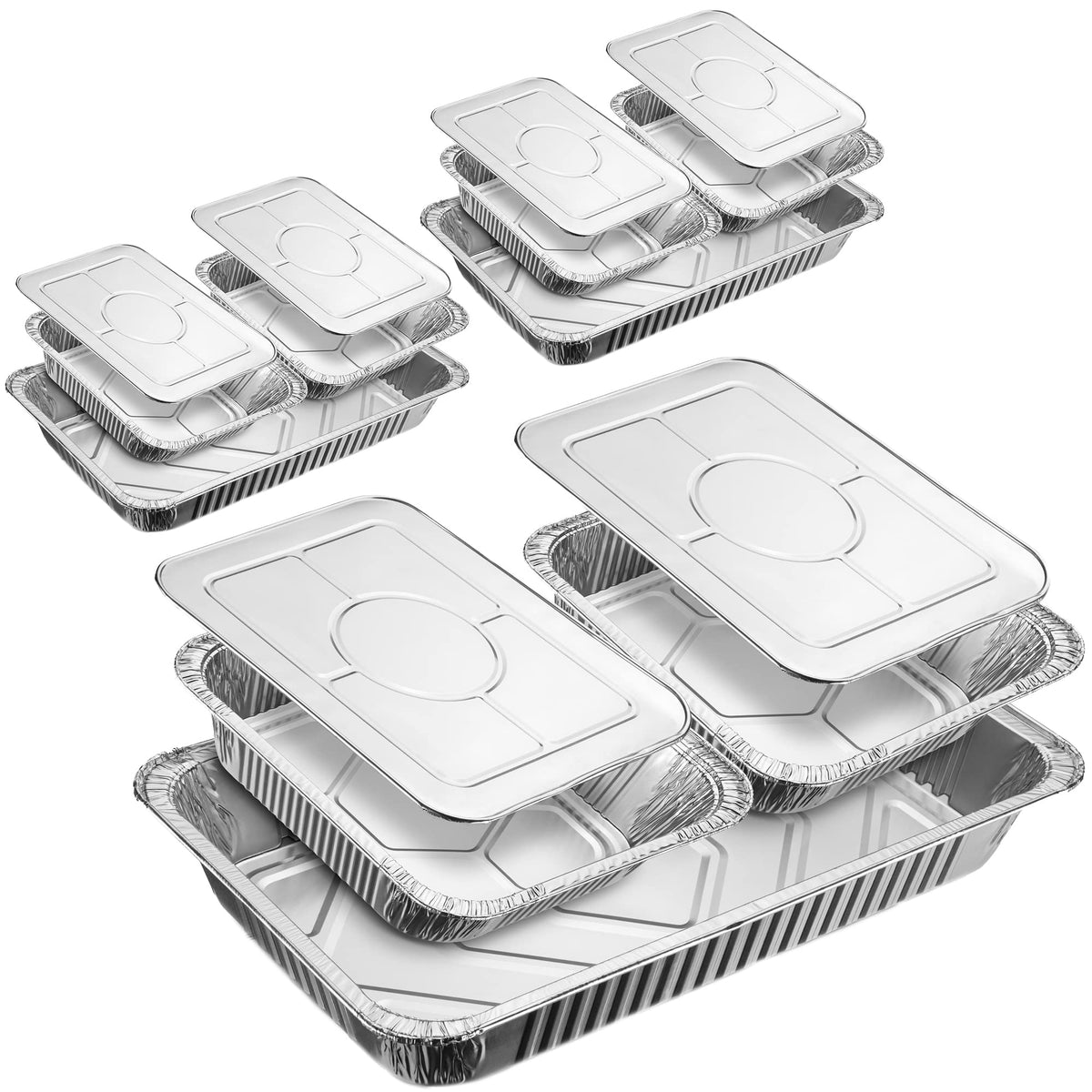 Diplastible water pans three-piece set keeps buffet food warm.