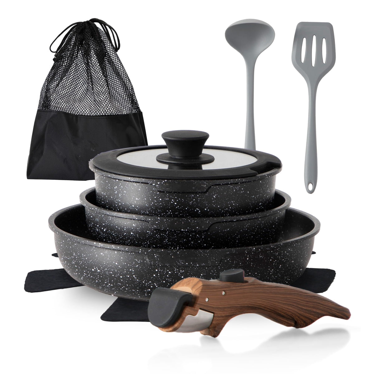 DishDelight 10-piece pots and pans set with detachable handle for space-saving storage.