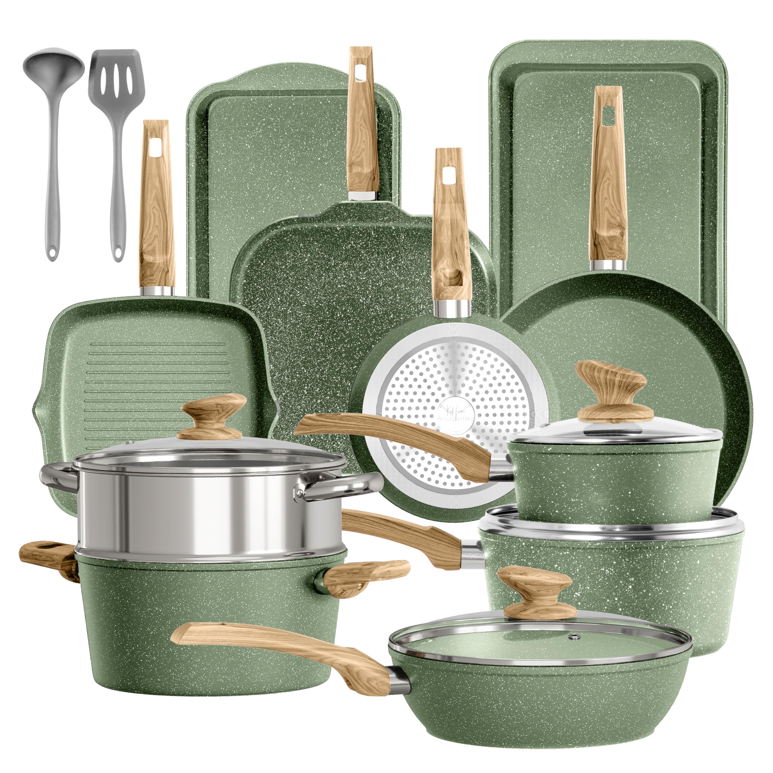 DishDelight 17-piece nonstick set, top view, easy release for everyday cooking