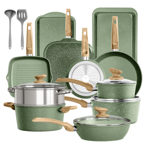 DishDelight 17-piece nonstick set, top view, easy release for everyday cooking