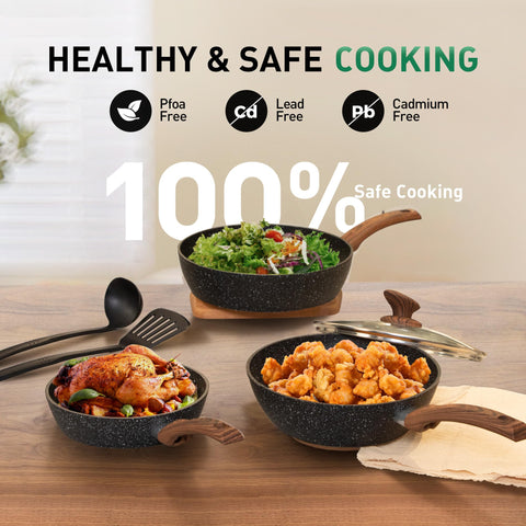 DishDelight 9.7-inch deep fry pan with lid for sautéing and frying.