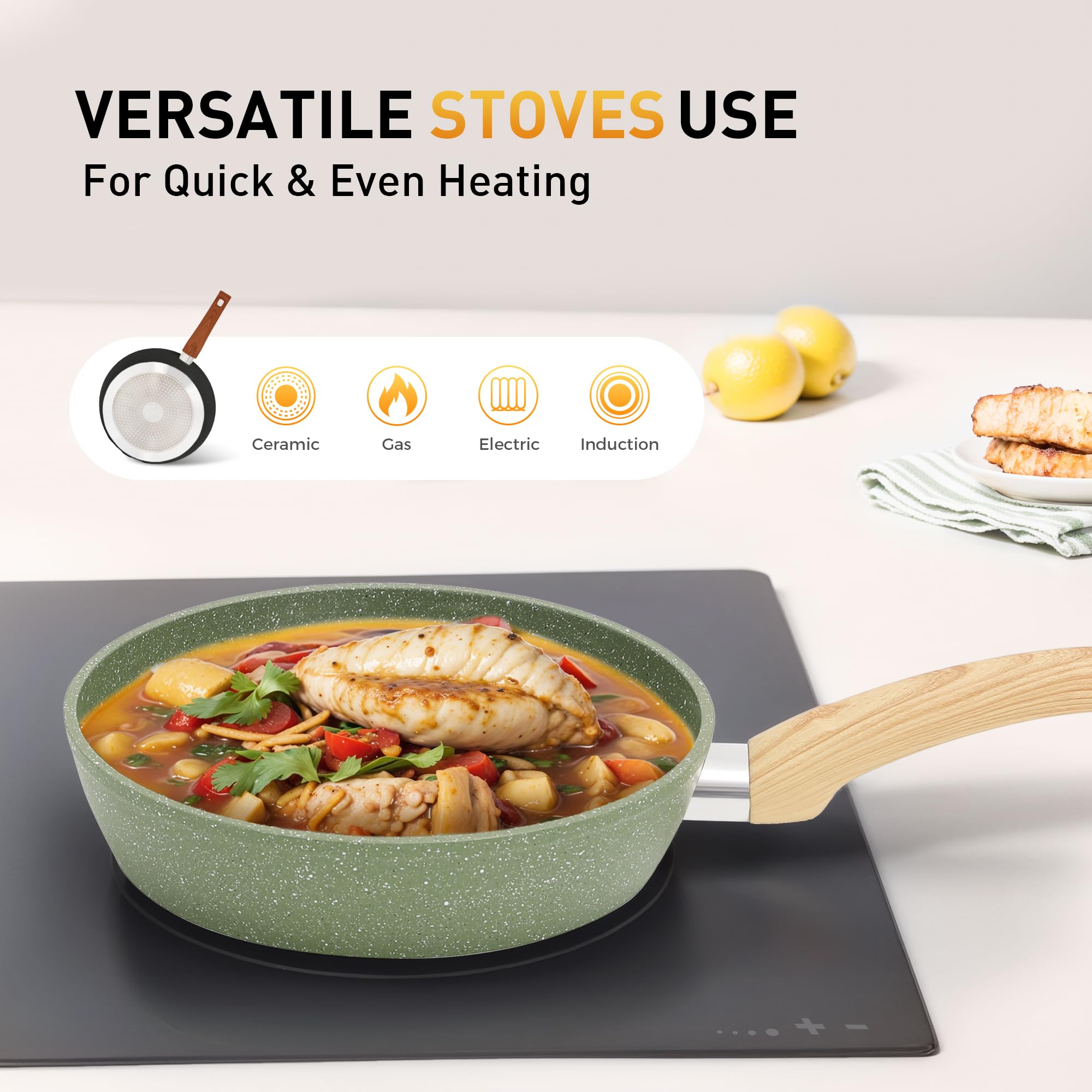 DishDelight green pans with anti-scald handles for safe cooking
