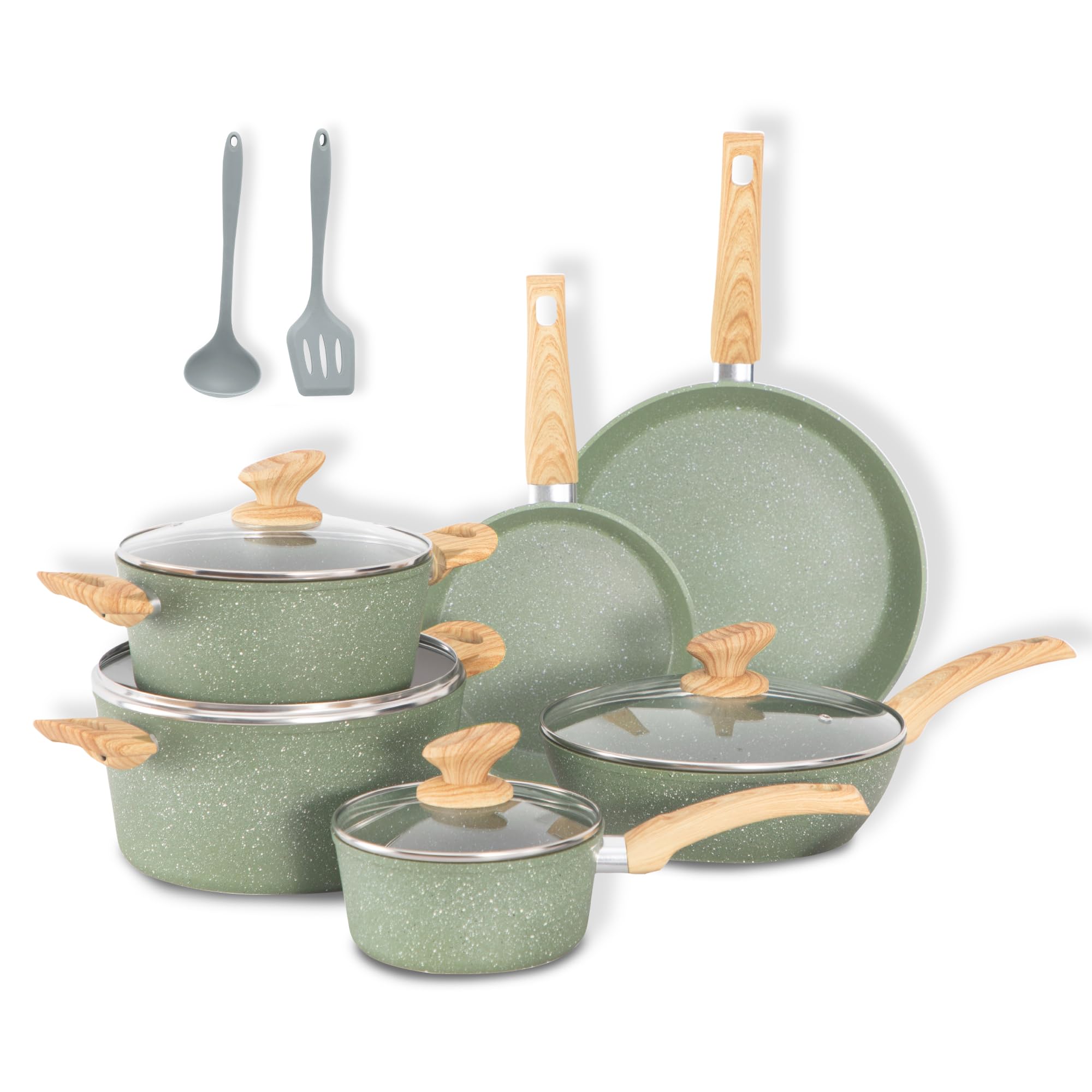 DishDelight induction pots and pans set on stove showing even heating benefits