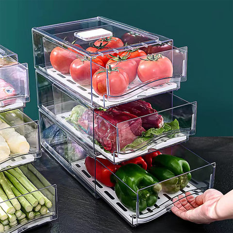 Diskary fridge organizer with two large drawers keeps veggies neatly stored.
