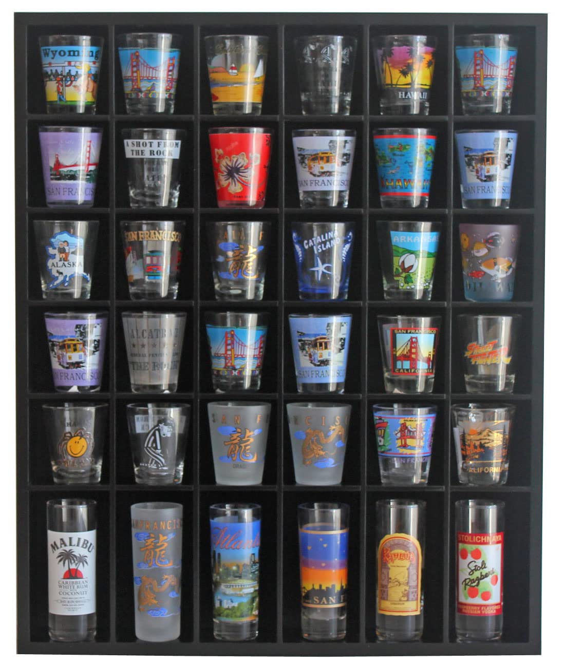 DisplayGifts black shot glass display case with 36 slots for collectibles.