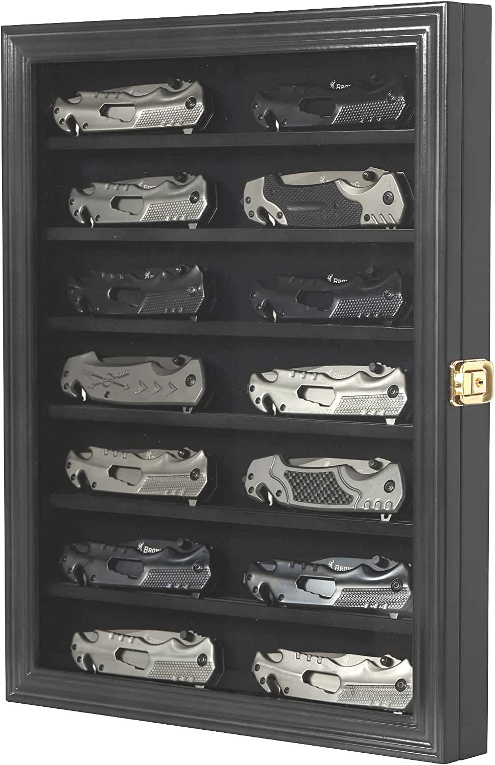 DisplayGifts knife display case interior shelves organizing blades neatly.