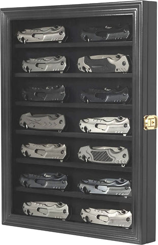 DisplayGifts knife display case interior shelves organizing blades neatly.