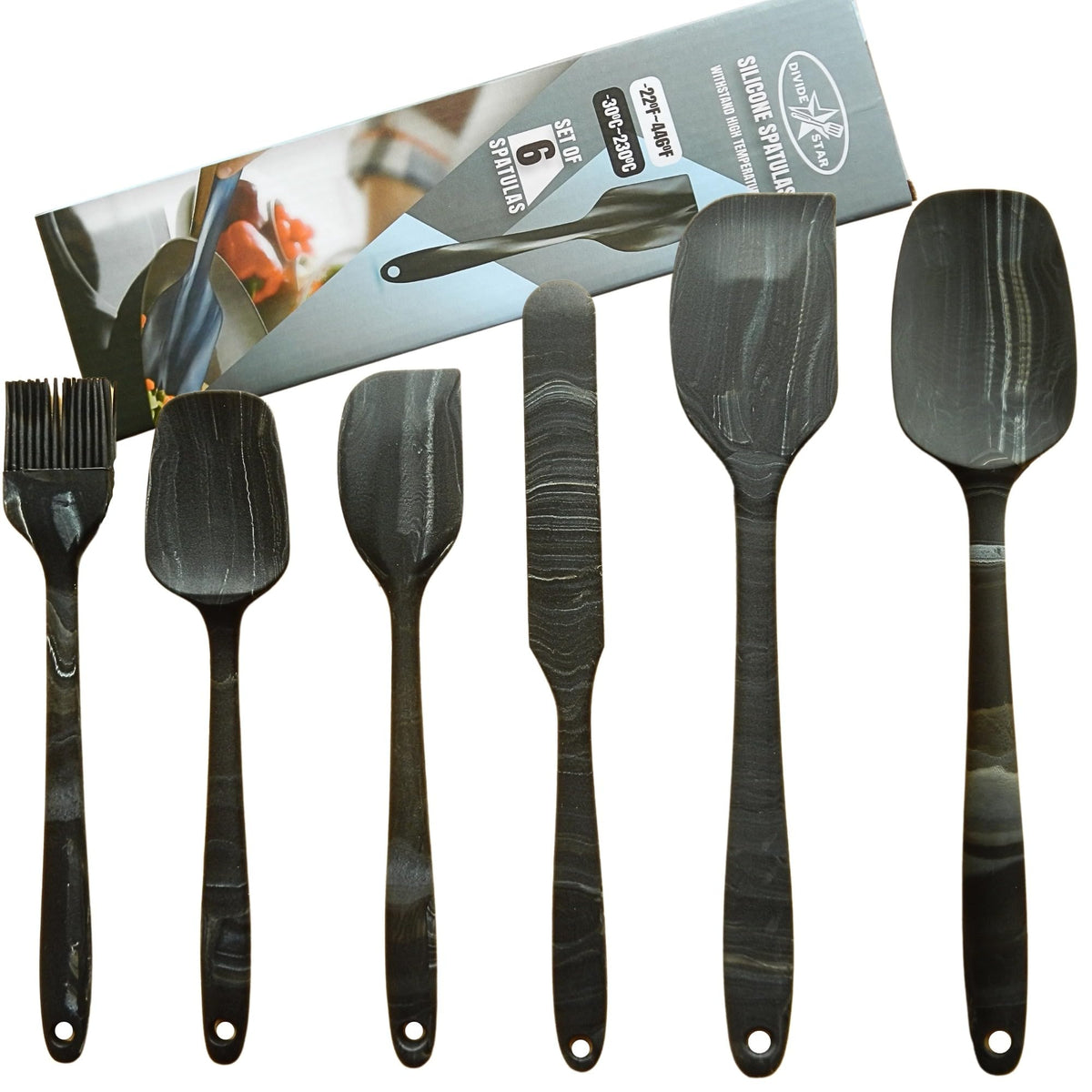 DIVIDE STAR premium silicone spatula set with marble design for non-stick baking.