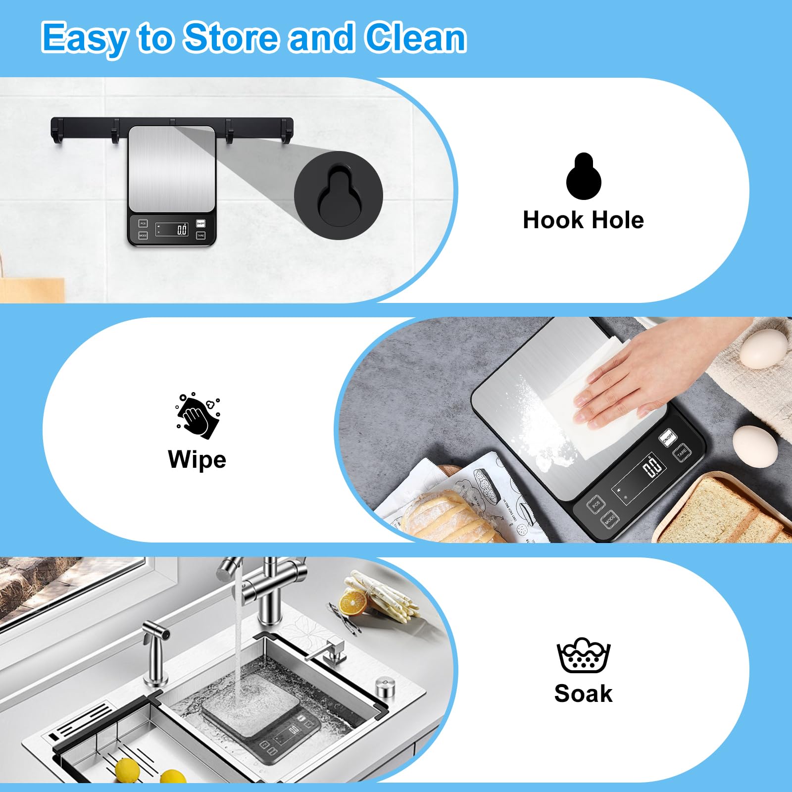 Diyife scale hangs via built-in hook for space-saving storage.