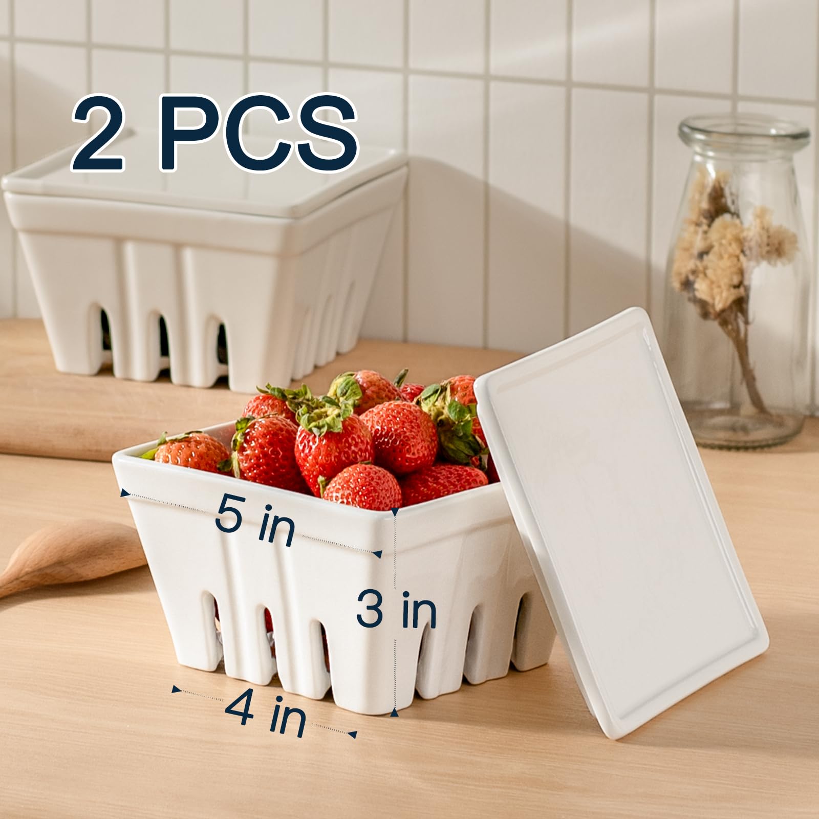Dizada ceramic berry basket in the fridge maximizing space