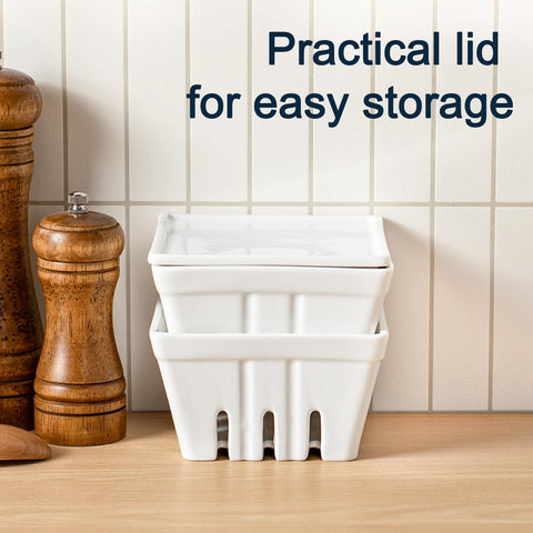 Stacked Dizada berry baskets saving cabinet space
