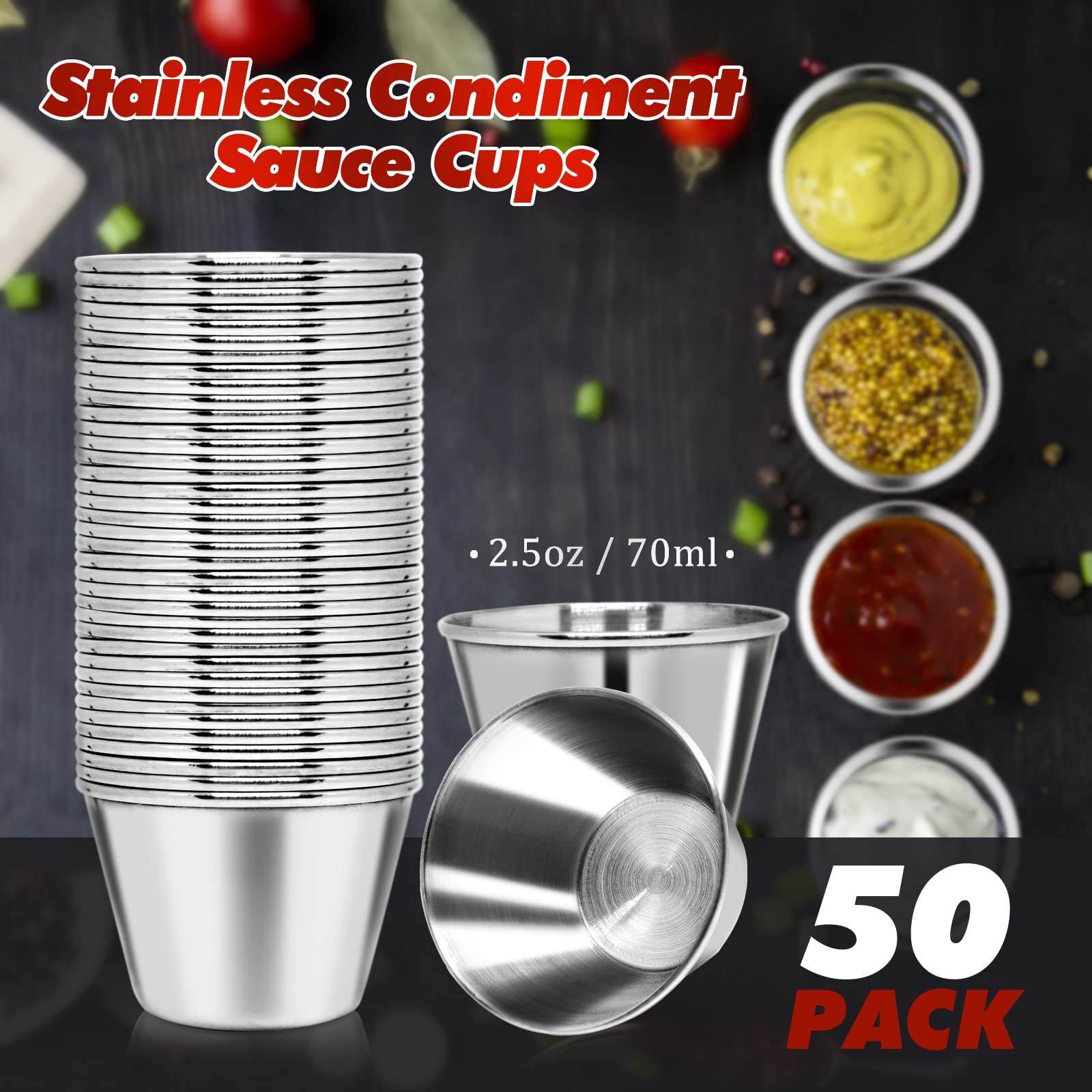DJZZ stainless steel dipping cups are durable, reusable condiment containers for restaurants.