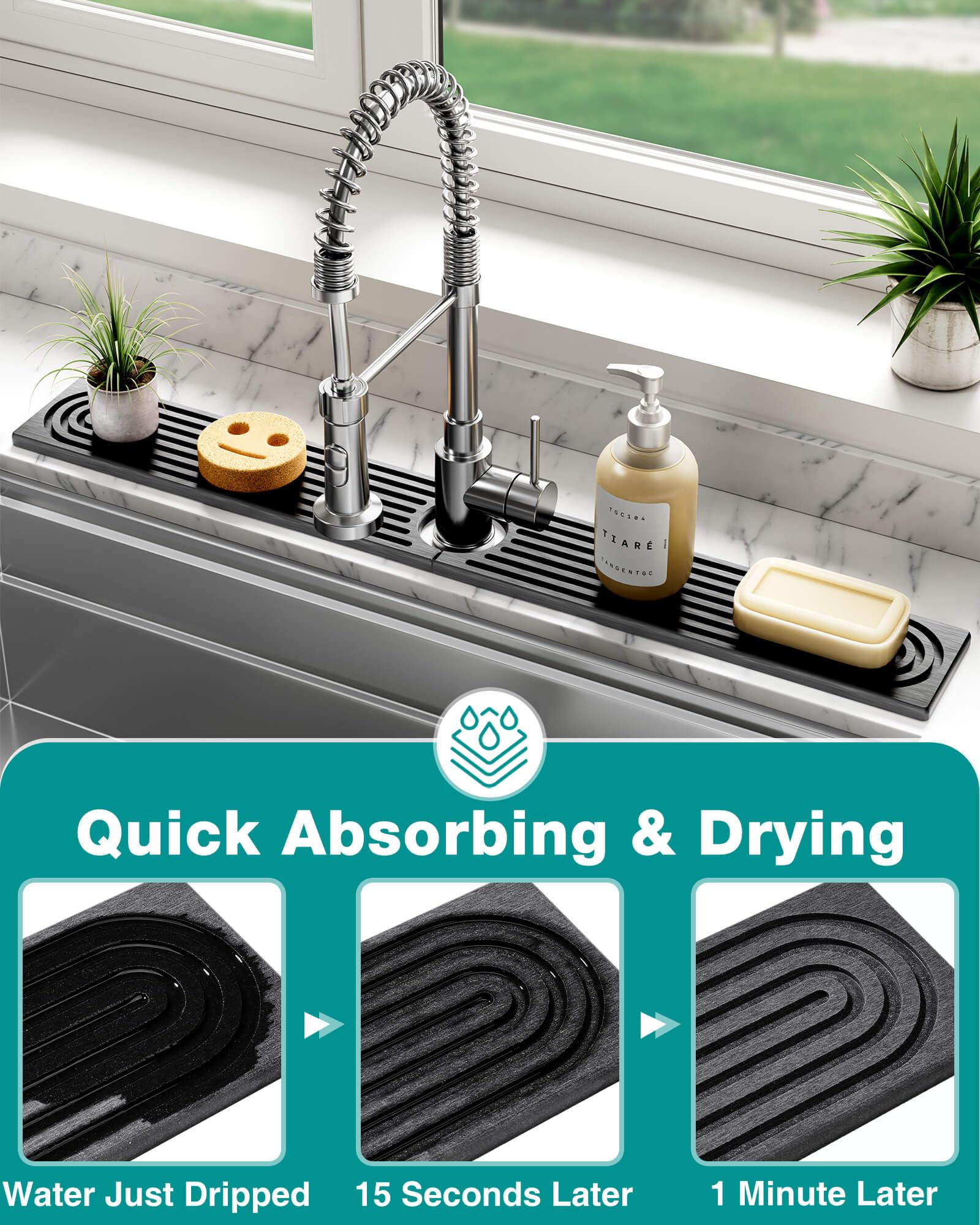 DK177 Dark gray mat on kitchen counter keeps surfaces dry.