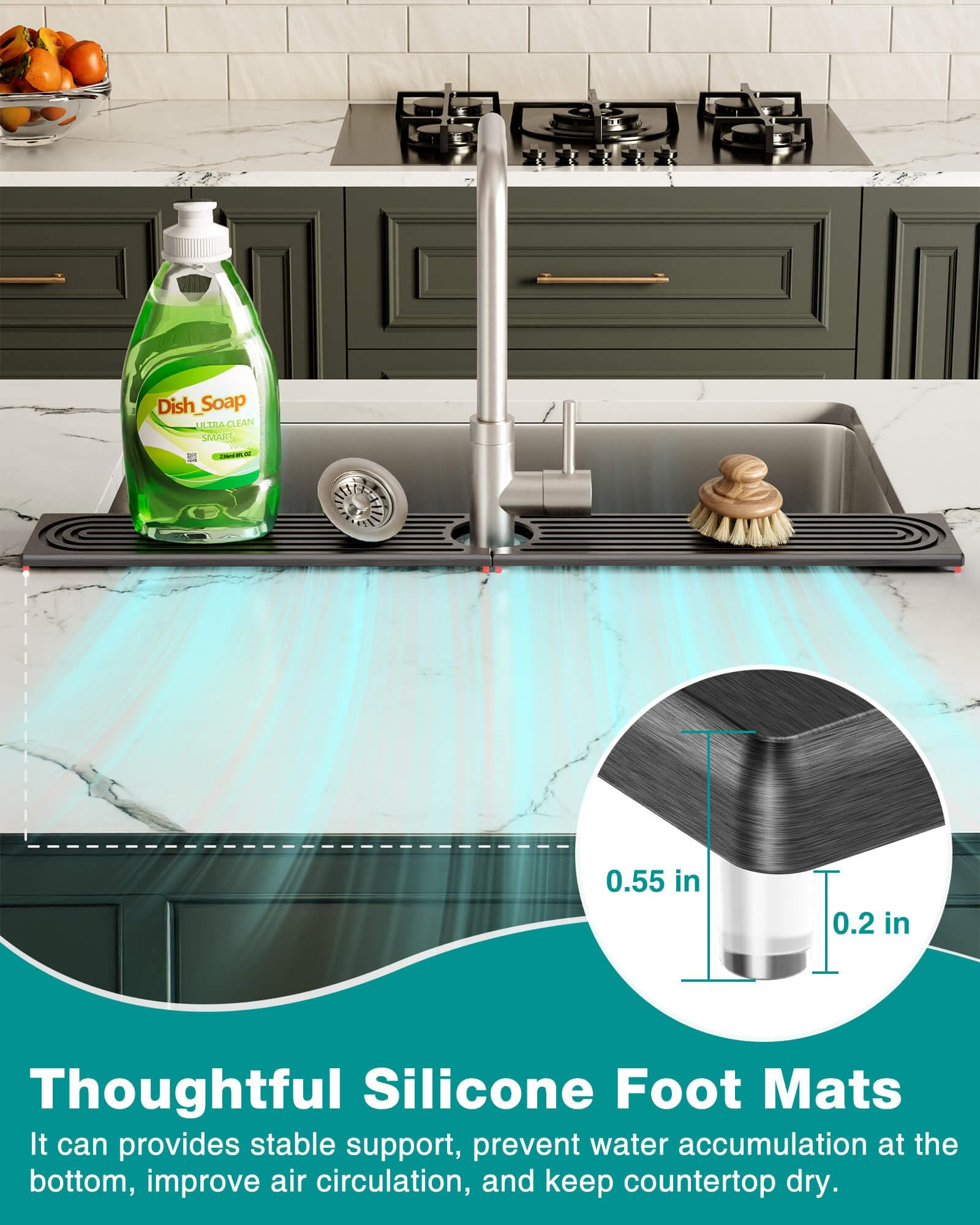 DK177 Deep grooves hold water to prevent countertop dampness.