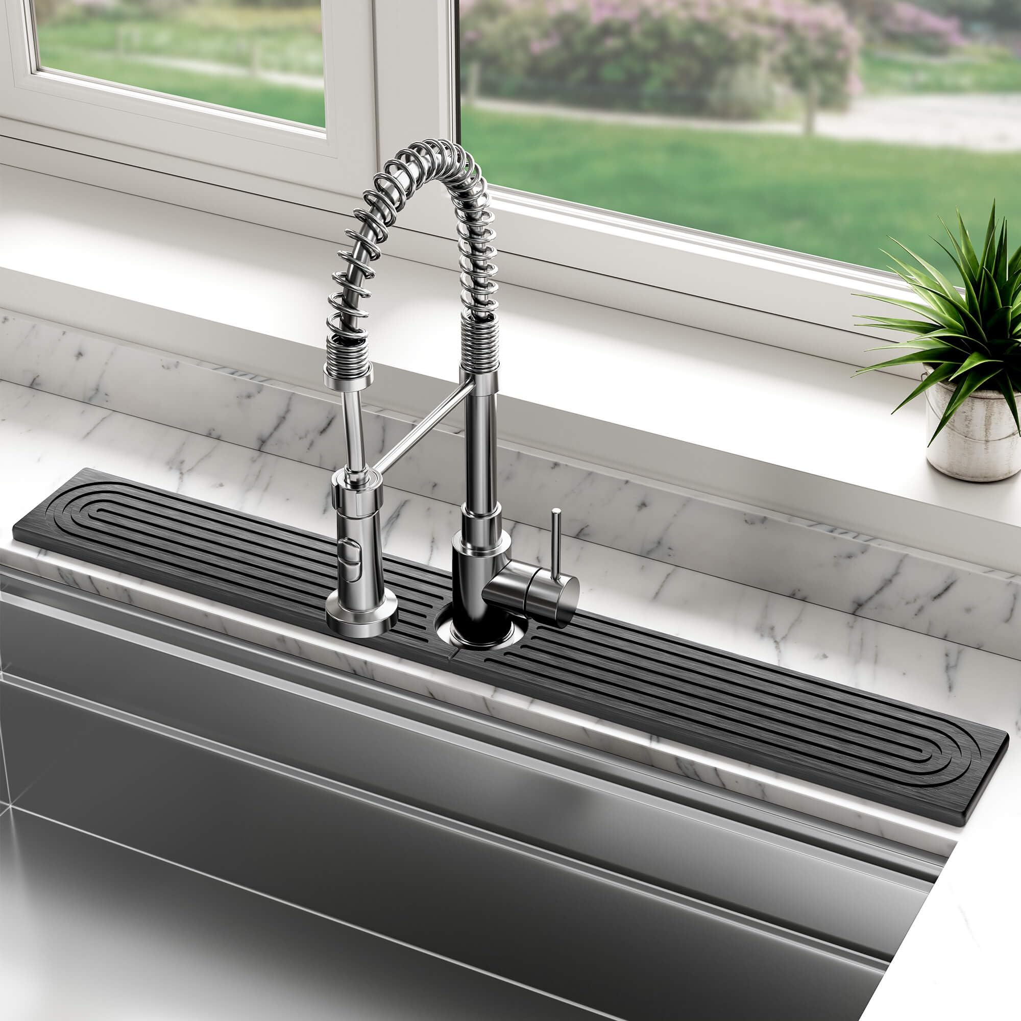 DK177 stone faucet mat kitchen side view with moisture protection on counter
