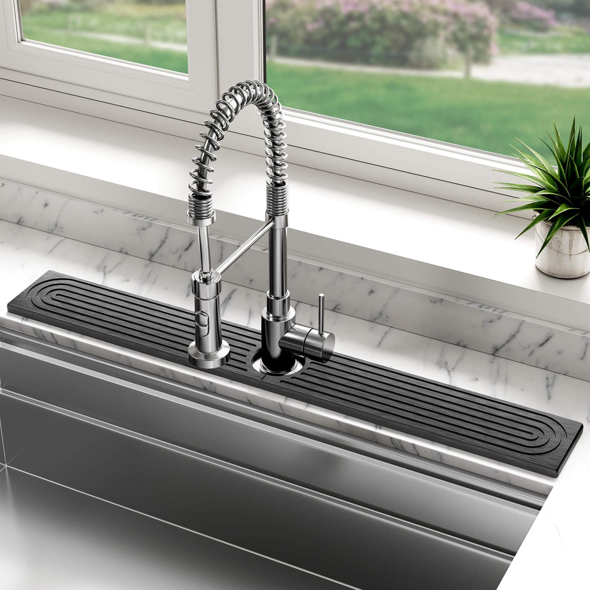 DK177 stone faucet mat kitchen side view with moisture protection on counter