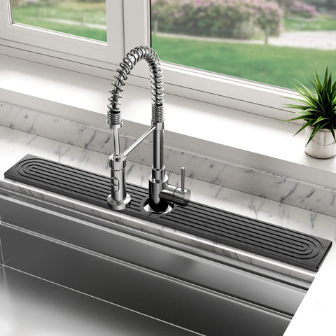 DK177 stone faucet mat kitchen side view with moisture protection on counter
