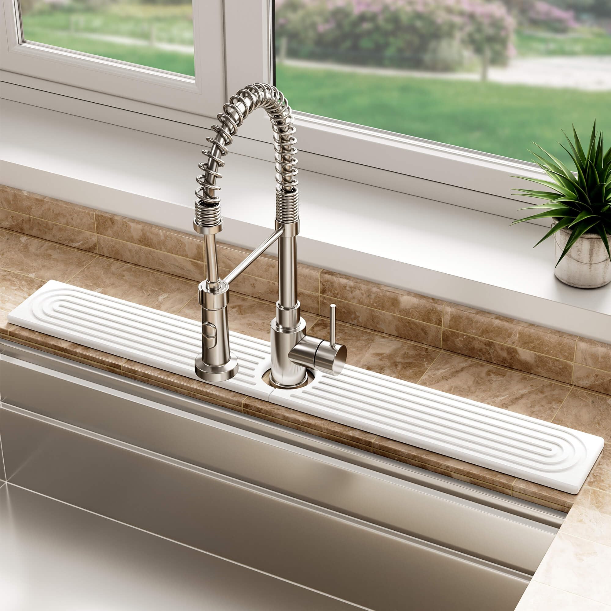 DK177 Stone Faucet Mat for kitchen sink with white finish keeps counters dry.