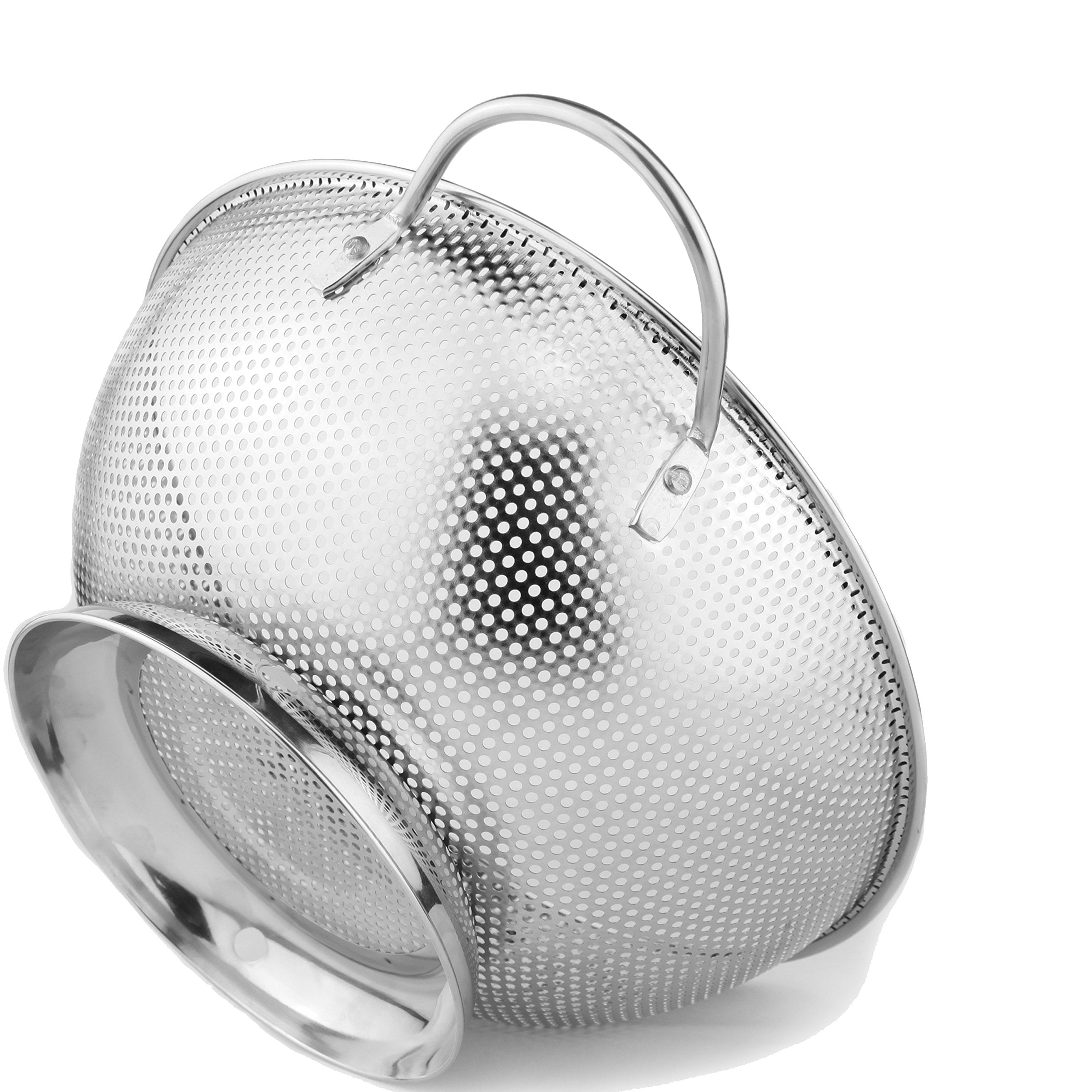 DLD colander with micro-perforated 5qt holes for fast drainage and thorough rinsing.