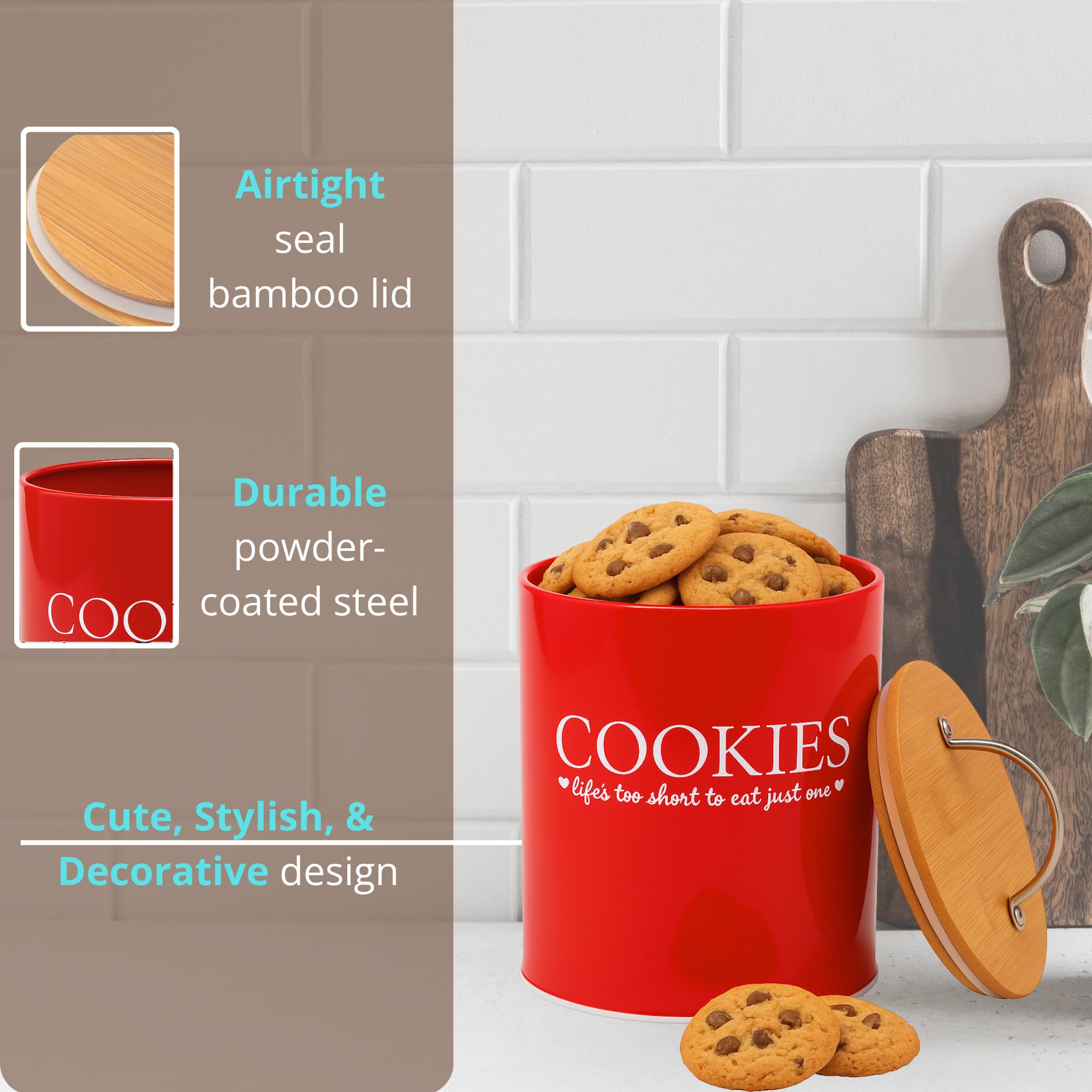 D'Lifeful farmhouse-style jar in red finish adds charm to counters.