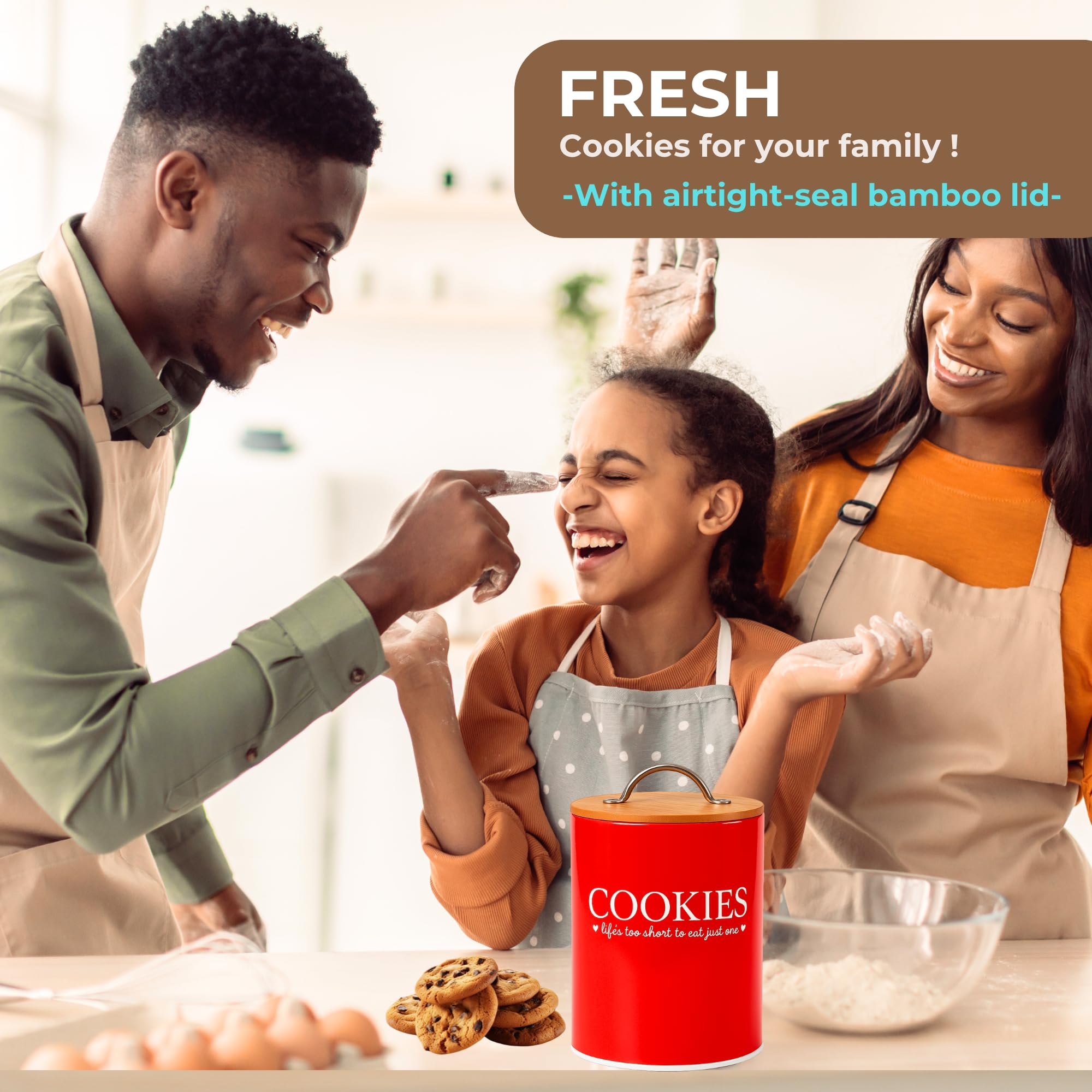D'Lifeful red decorative jar enhances kitchen aesthetics while storing cookies.