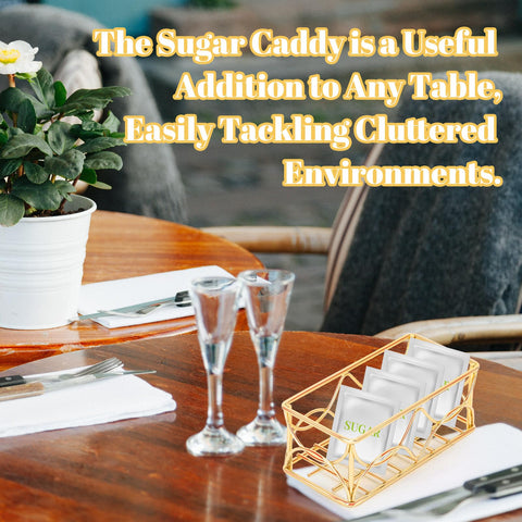 DLUGOPIS gold caddy supports sugar, tea bags, sauces, and condiments.