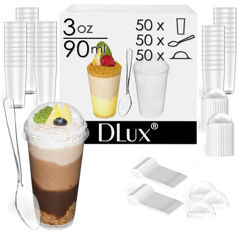 DLux clear plastic parfait cups highlight desserts with a modern silhouette.