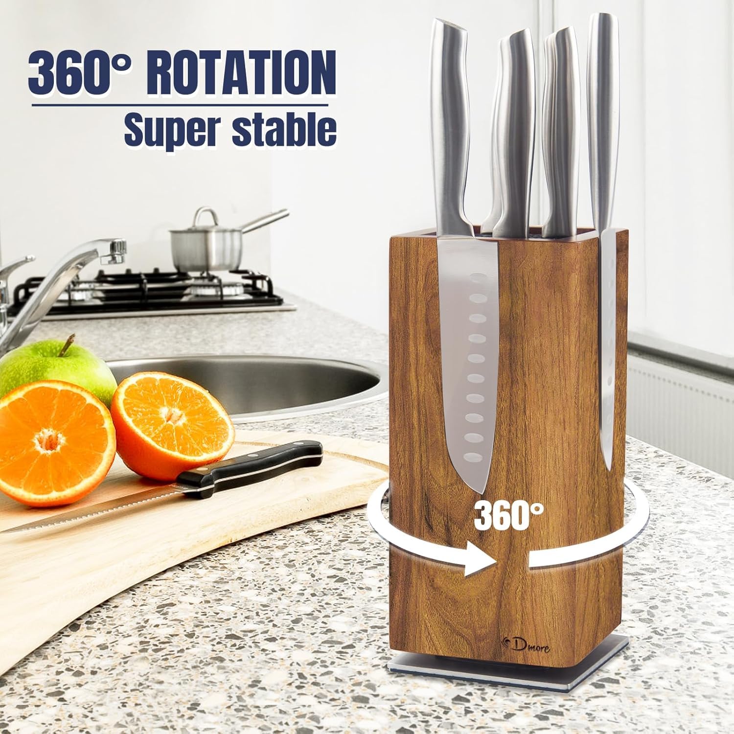 Dmore knife block with four-sided magnets securely gripping blades.