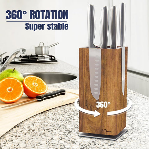 Dmore knife block with four-sided magnets securely gripping blades.