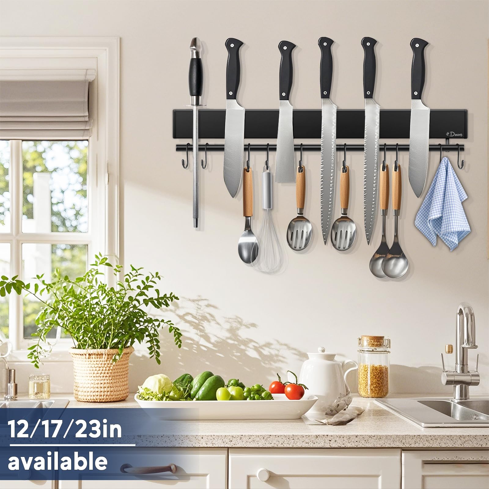 Dmore knife strip with 10 hooks mounted on wall for organized utensils.