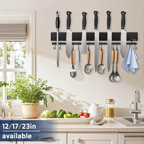 Dmore knife strip with 10 hooks mounted on wall for organized utensils.