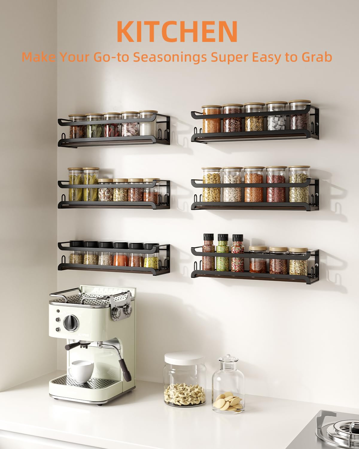 Doakhirmit four-pack spice rack set mounted on a cabinet for quick recipe access.