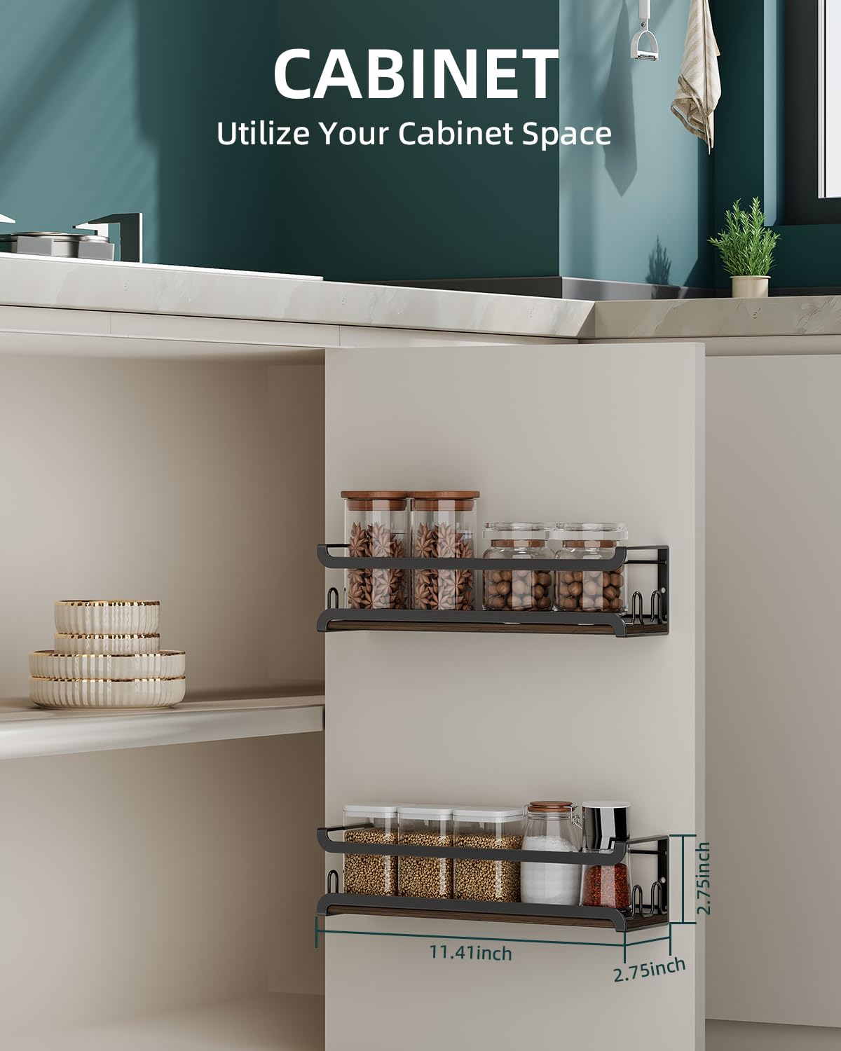 Doakhirmit rustic spice shelf shown from side-view enhances kitchen decor while saving space.