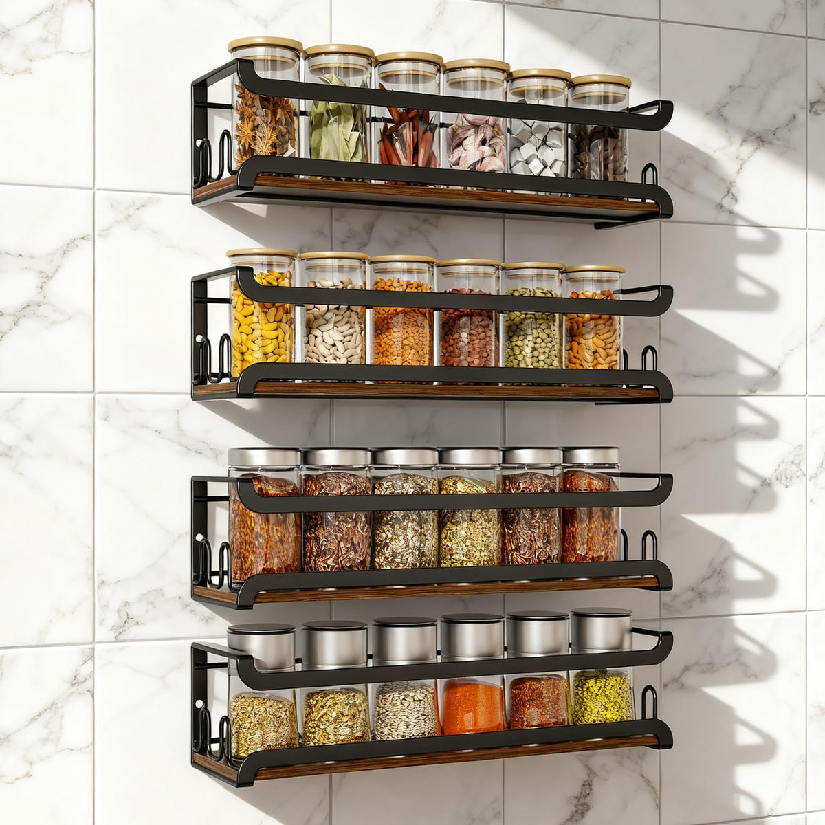 Doakhirmit wall-mounted spice rack with 16 hooks keeps jars neatly organized and easy to reach.