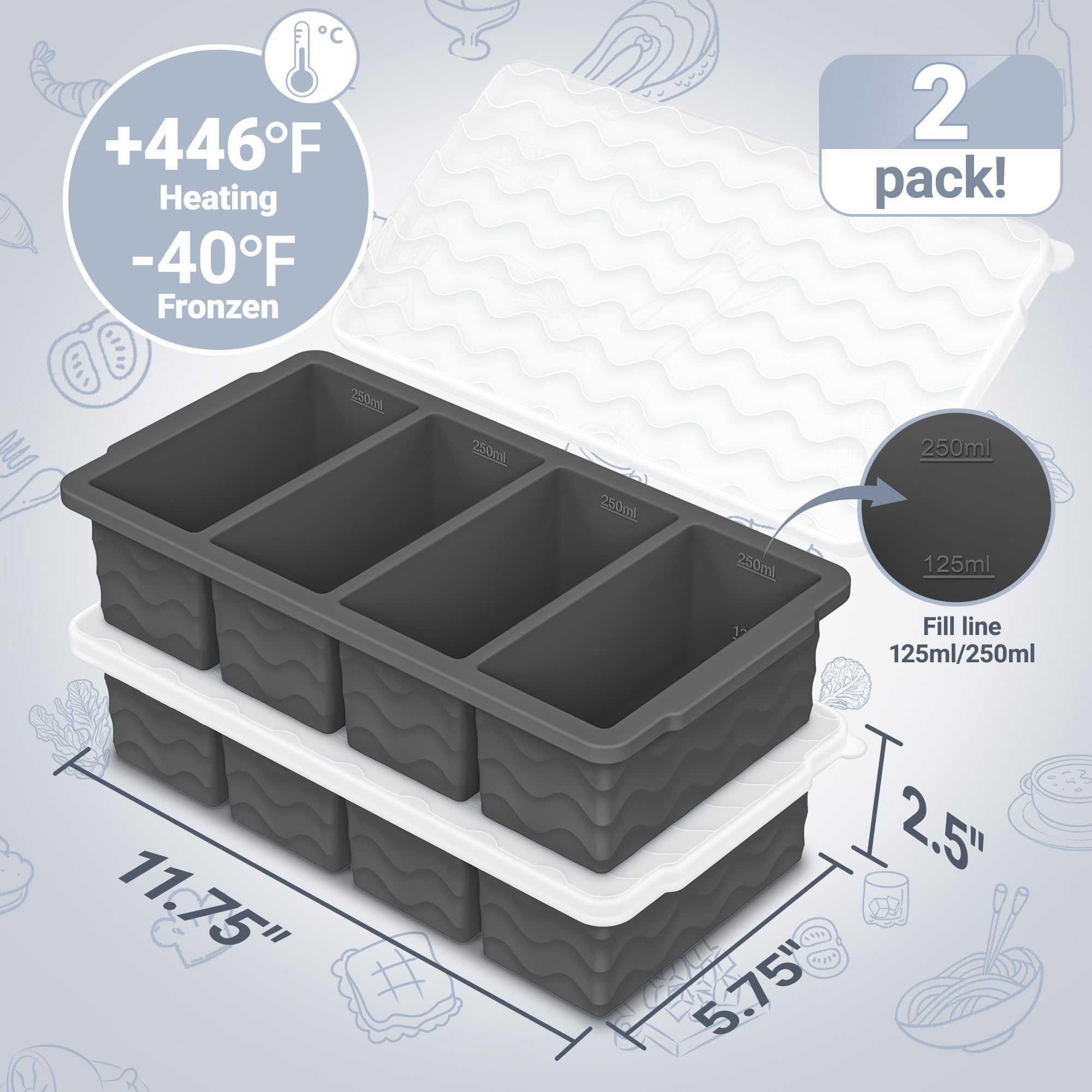 Doasuwish tray shows measurement lines for precise 125ml and 250ml portions.