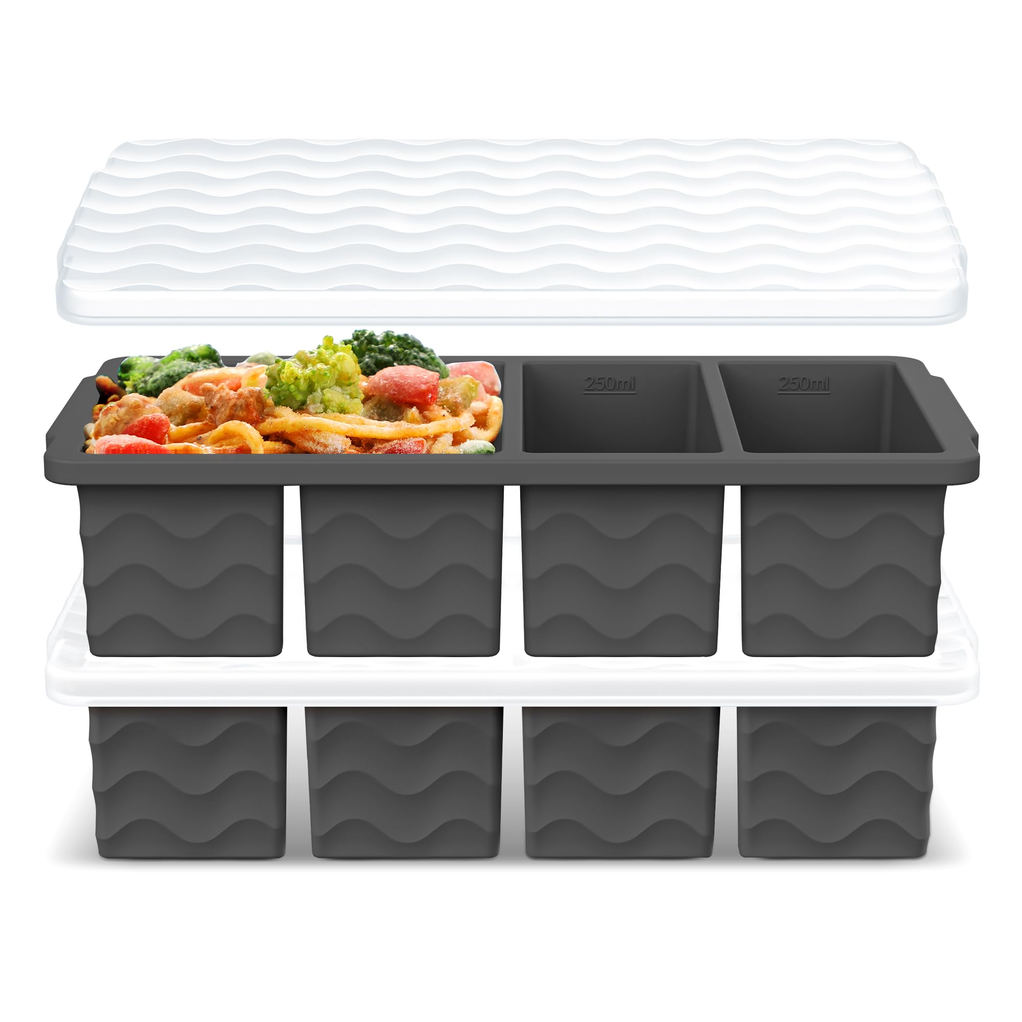 Doasuwish silicone freezer tray with lid, 125ml and 250ml portions for organized freezing.