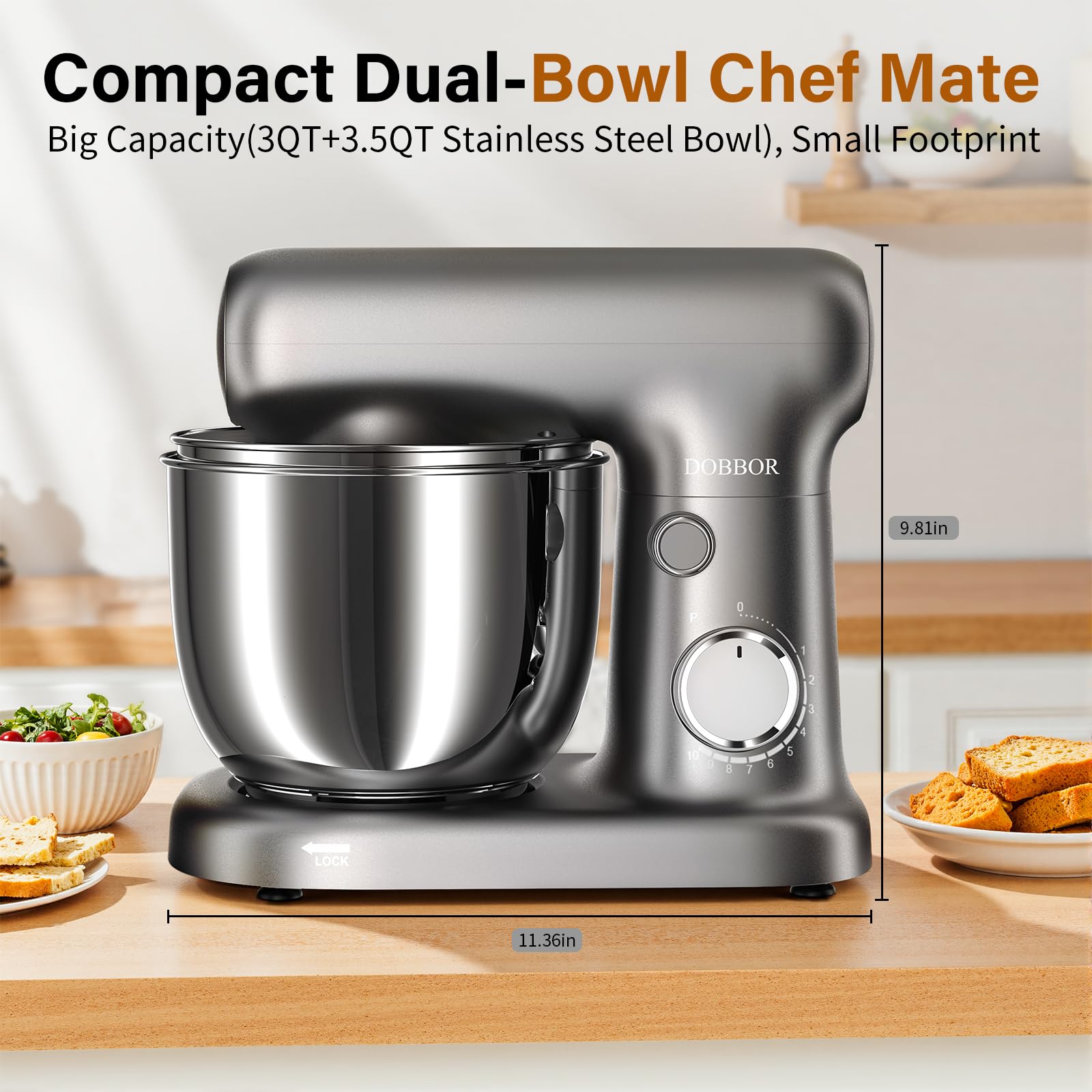 DOBBOR mixer features a 10-speed dial for precise blending and kneading.