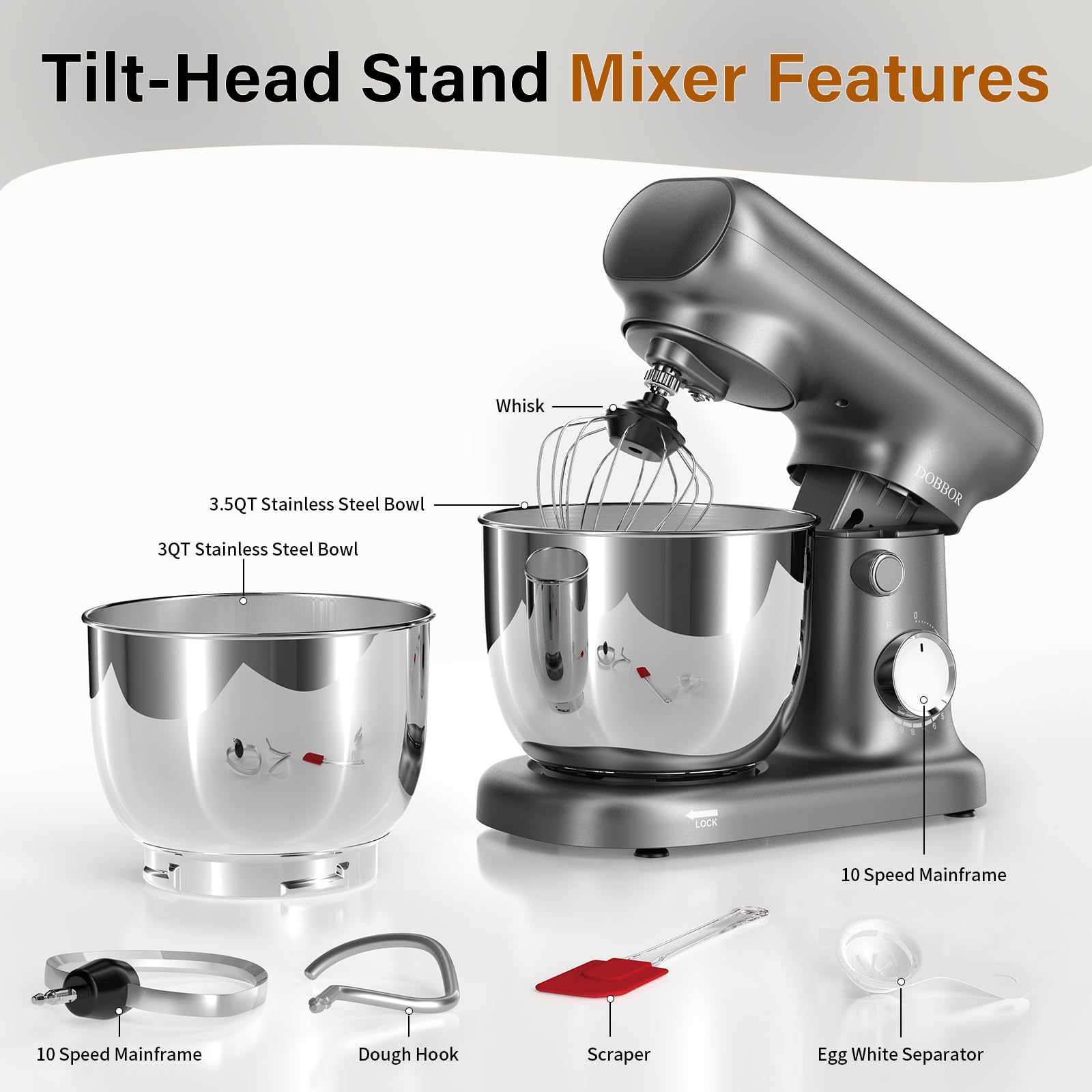 DOBBOR stand mixer showing 2.5L and 3L bowls for simultaneous tasks.
