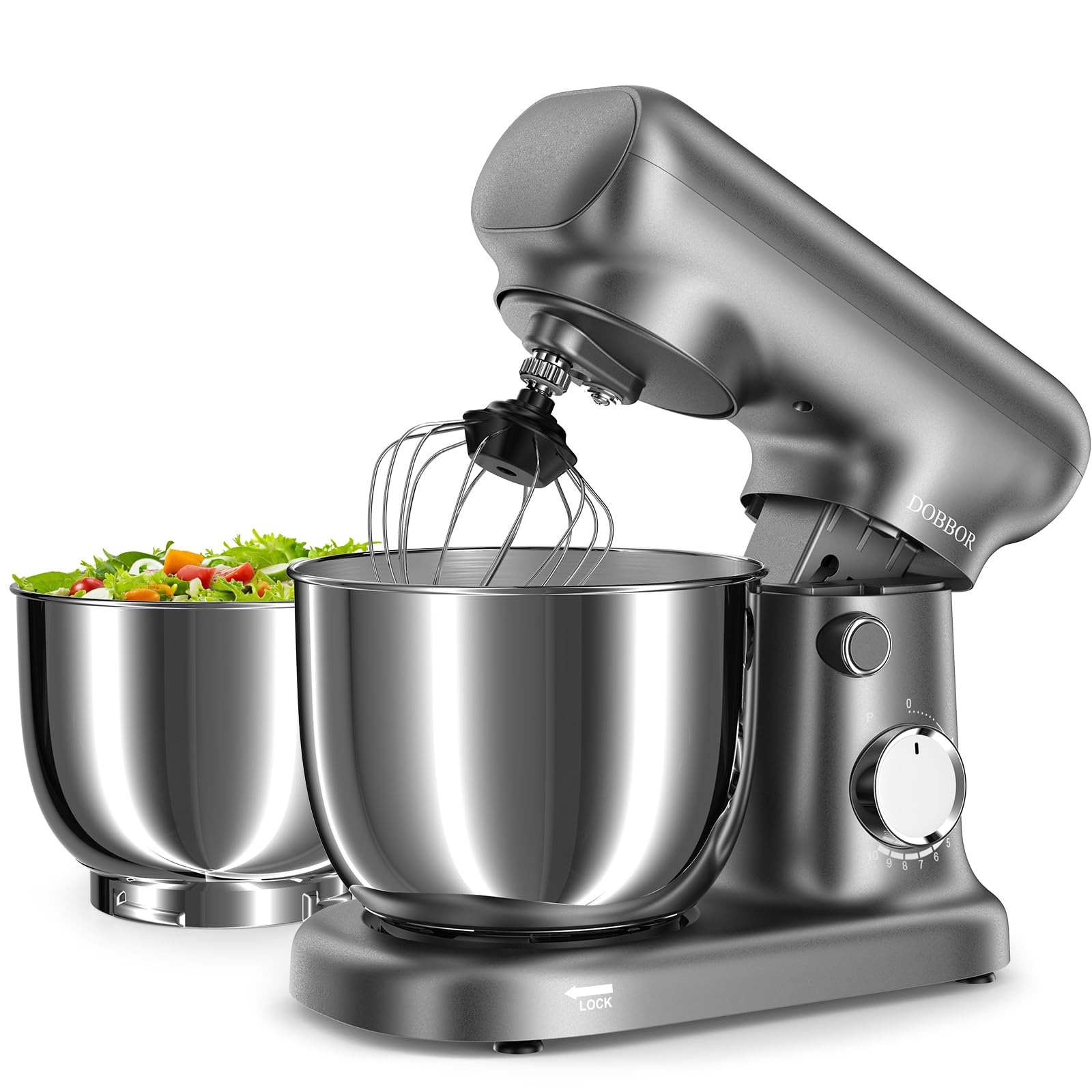 DOBBOR stand mixer with dual bowls in gray-silver, ideal for multitasking in compact kitchens.