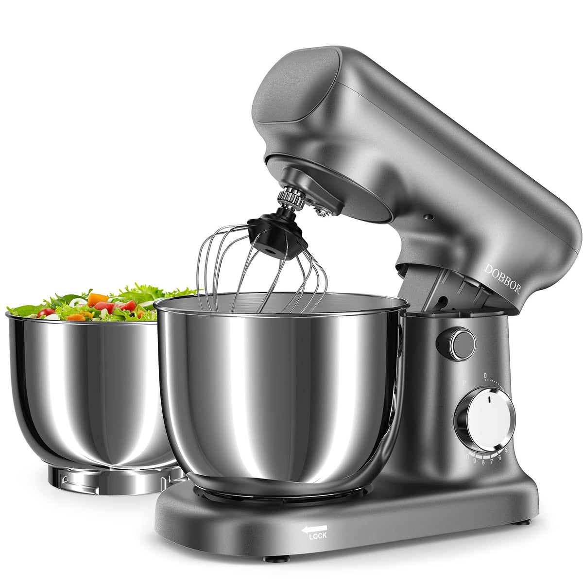 DOBBOR stand mixer with dual bowls in gray-silver, ideal for multitasking in compact kitchens.