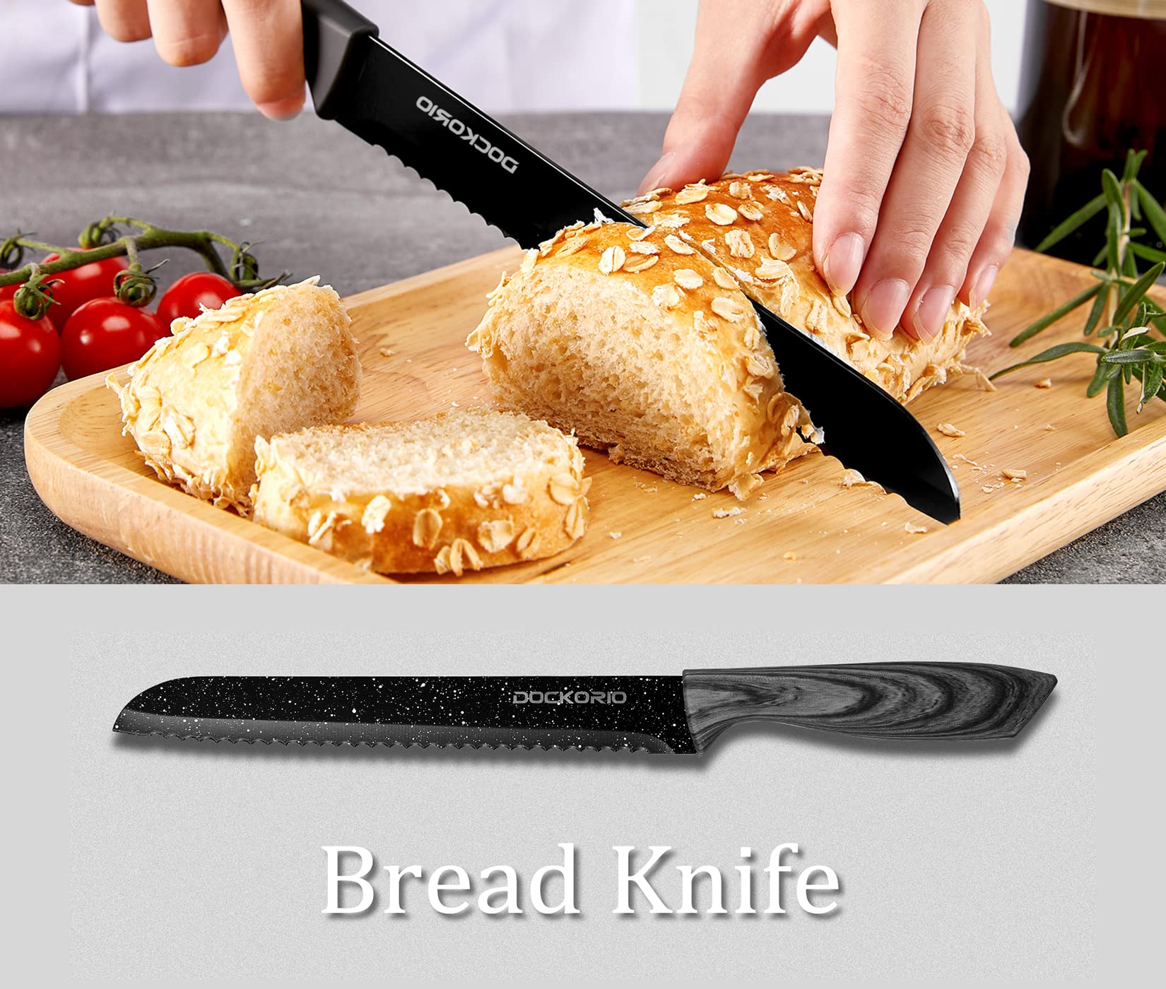 Dockorio ceramic-coated blades reduce sticking for easy, quick cleaning after meal prep.