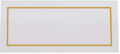 Gold place cards arranged at reception tables for a polished look.