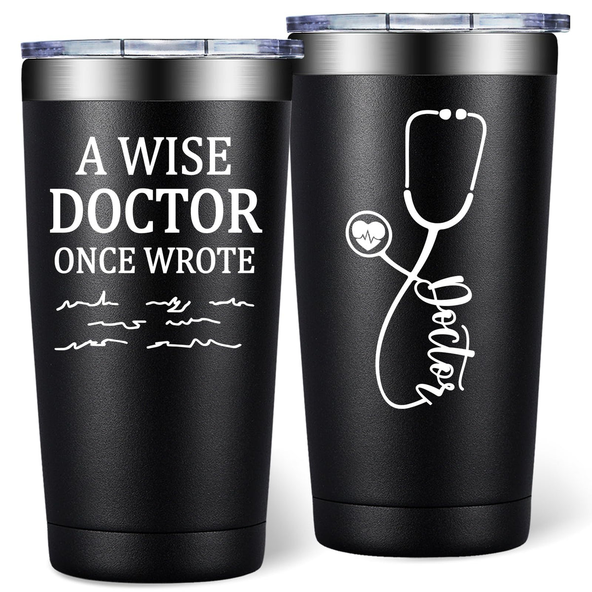 DOEARTE 20oz tumbler closeup with handwritten design for daily doctor gifts.