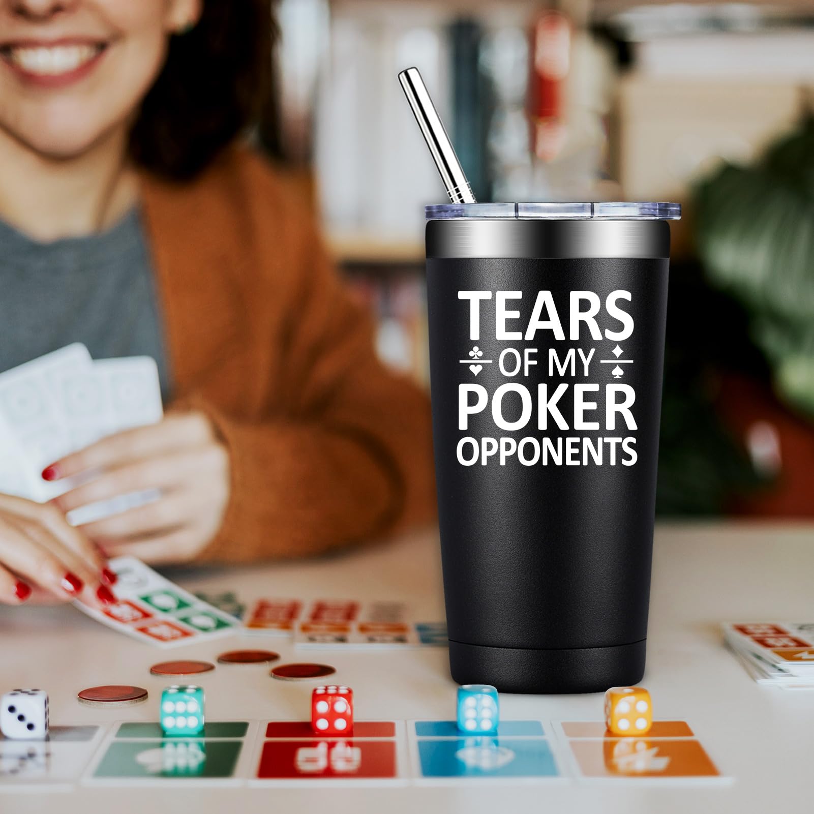 DOEARTE Mahjong tumbler close-up shows stainless steel finish and rust resistance