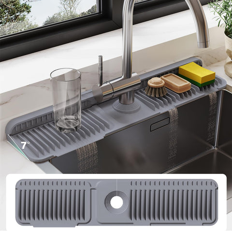 Doeklpo 24-inch silicone faucet mat provides splash protection for a tidy kitchen