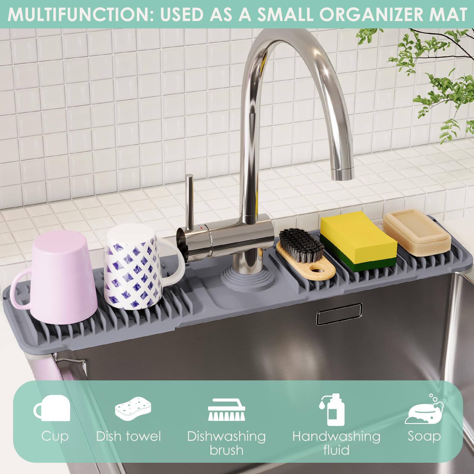 Doeklpo dark grey silicone faucet mat in a modern kitchen setting