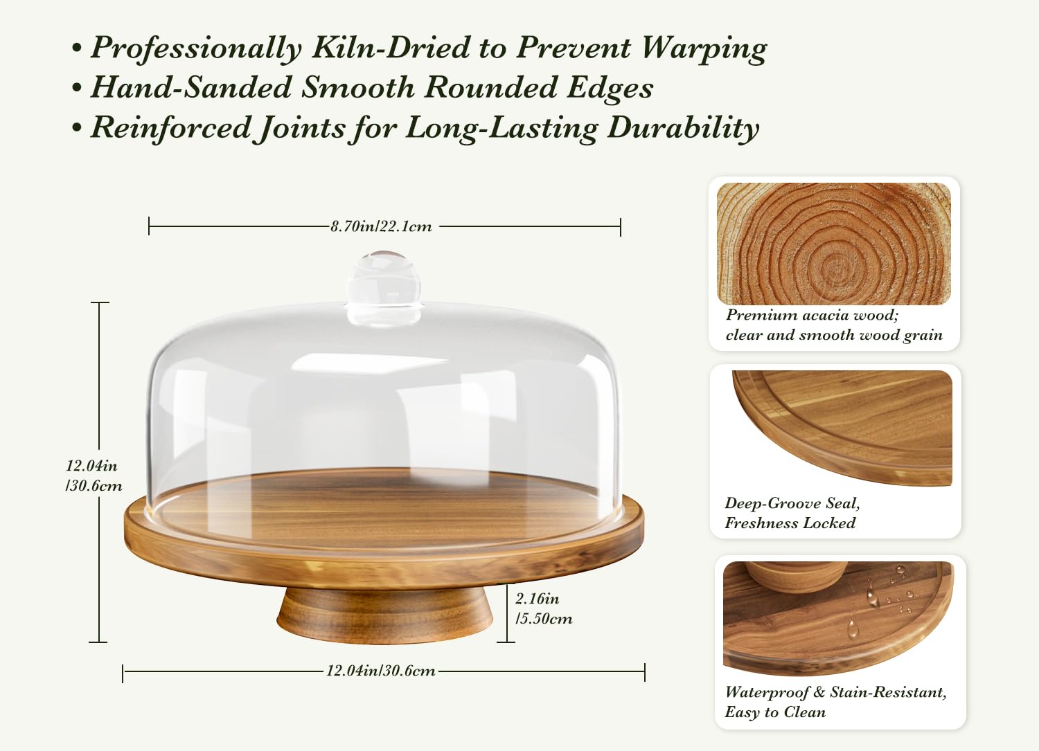 Dofira acacia wood base provides stable support for cakes.