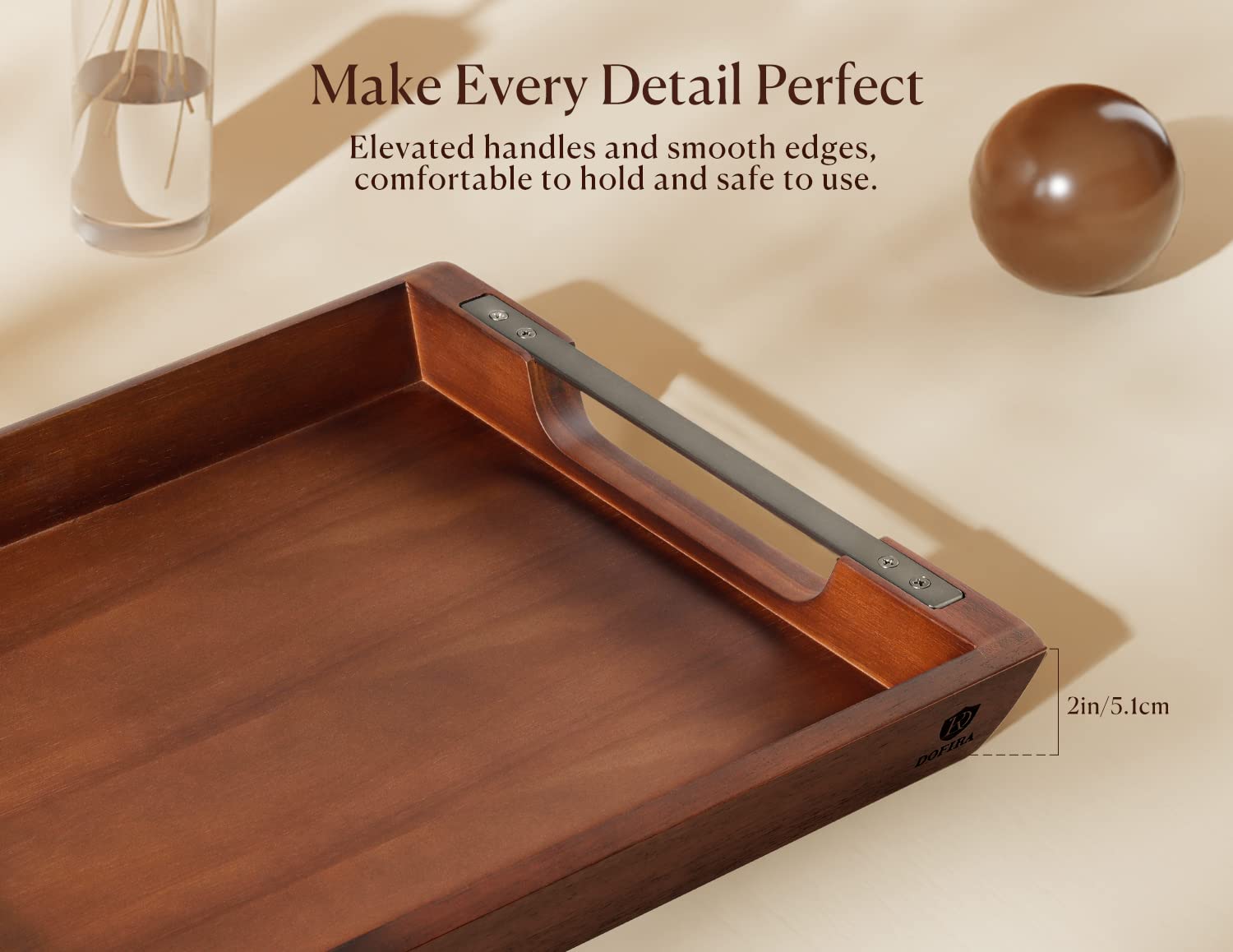 Dofira acacia wood tray displayed in dining room setup for gatherings
