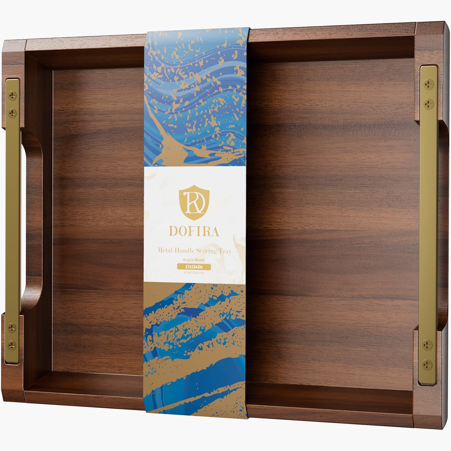 Dofira acacia wood tray with metal handles for stylish dining room serving.