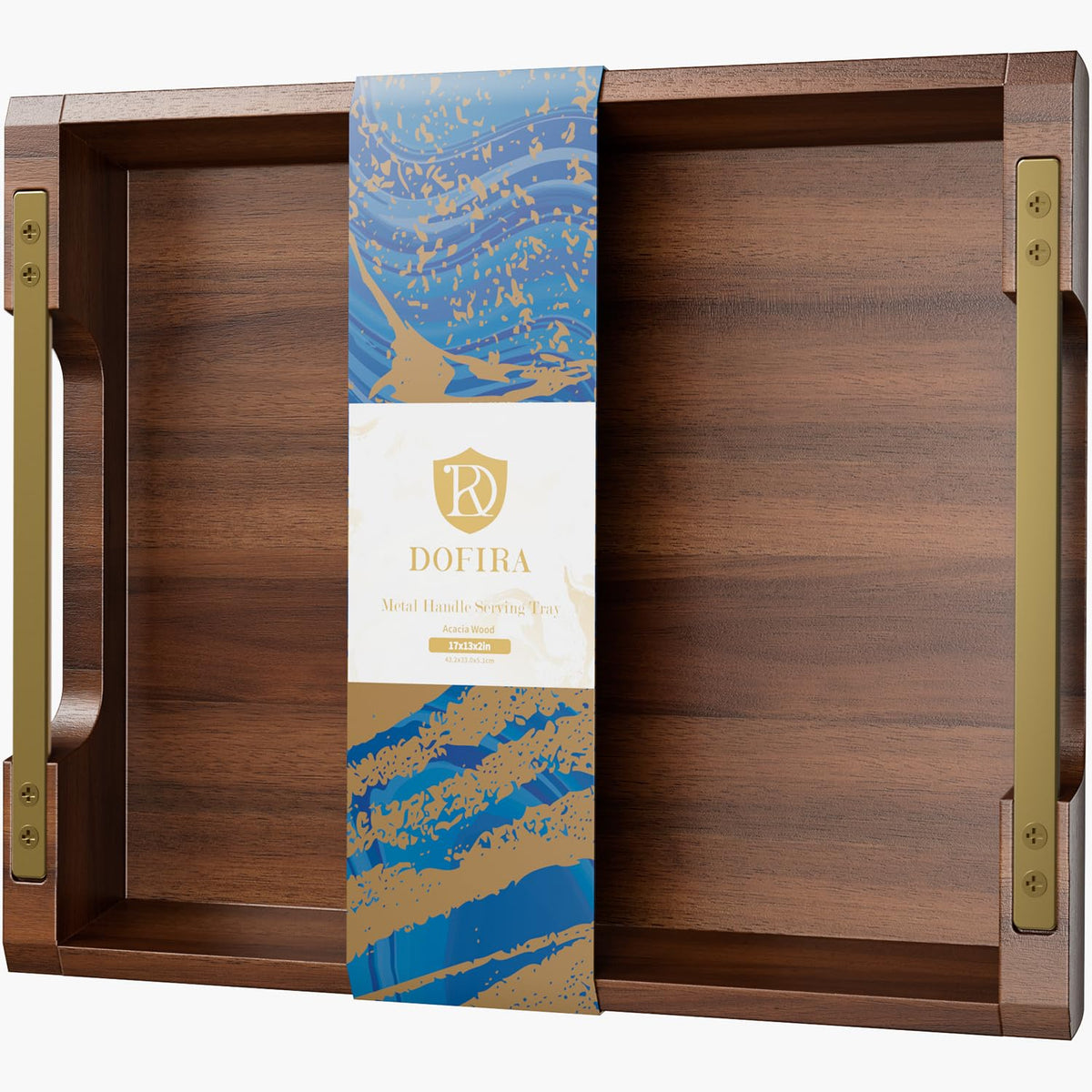 Dofira acacia wood tray with metal handles for stylish dining room serving.